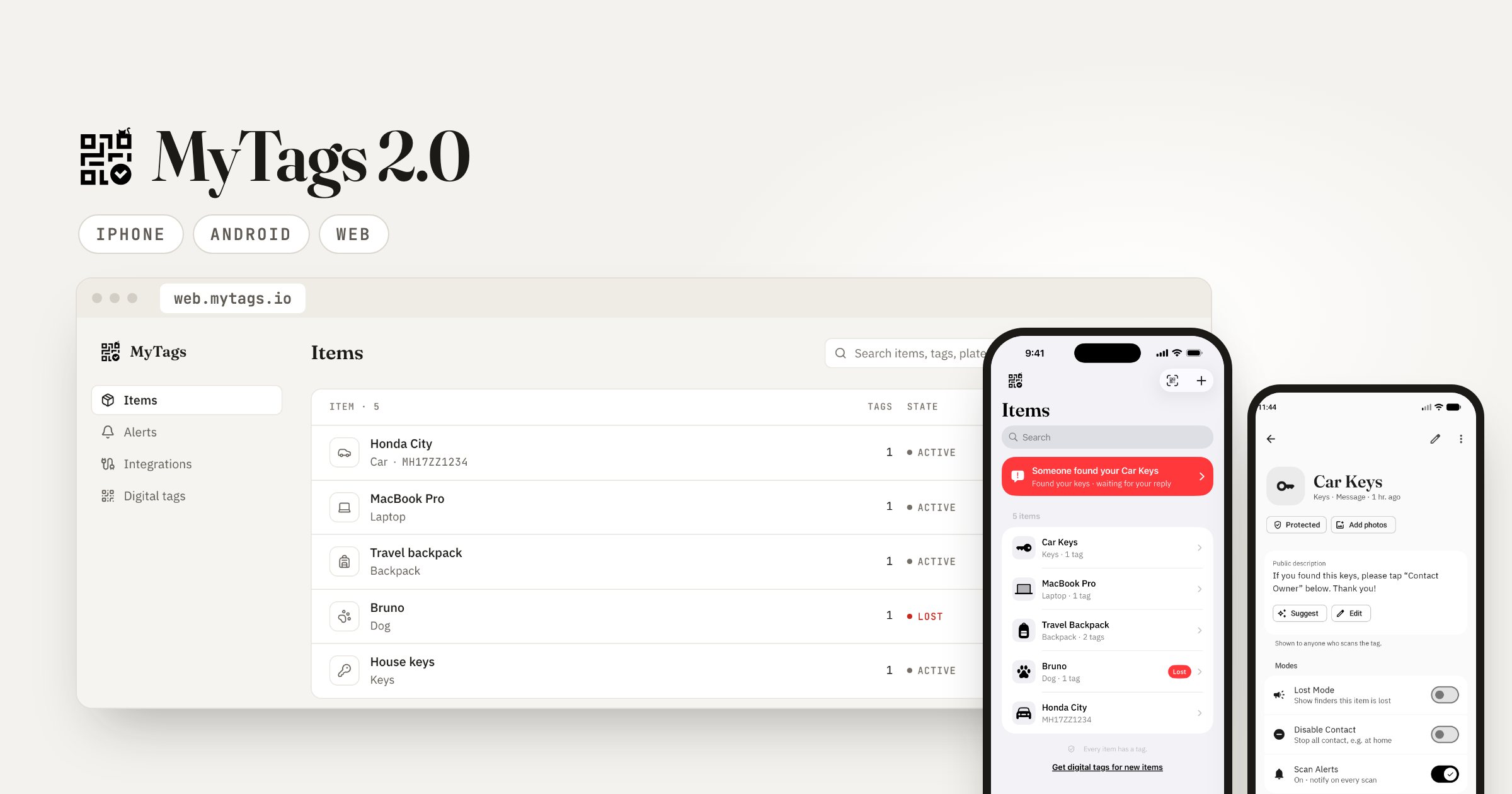 MyTags 2.0 on the web at web.mytags.io, on iPhone and on Android
