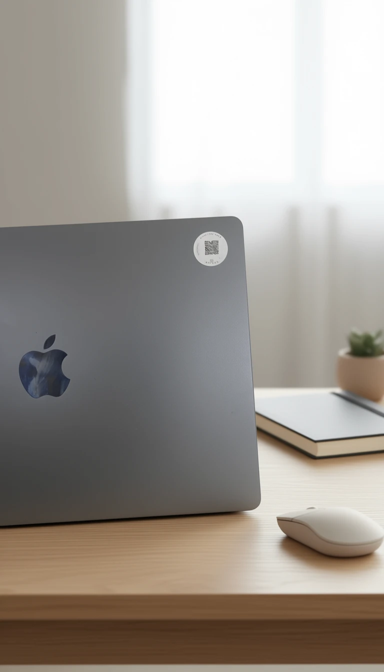 A MyTags QR sticker on a laptop lid