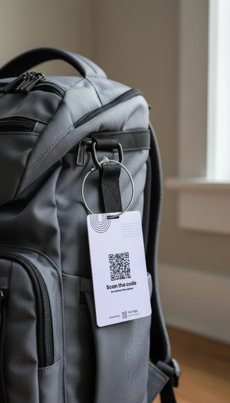 A MyTags luggage tag on a backpack