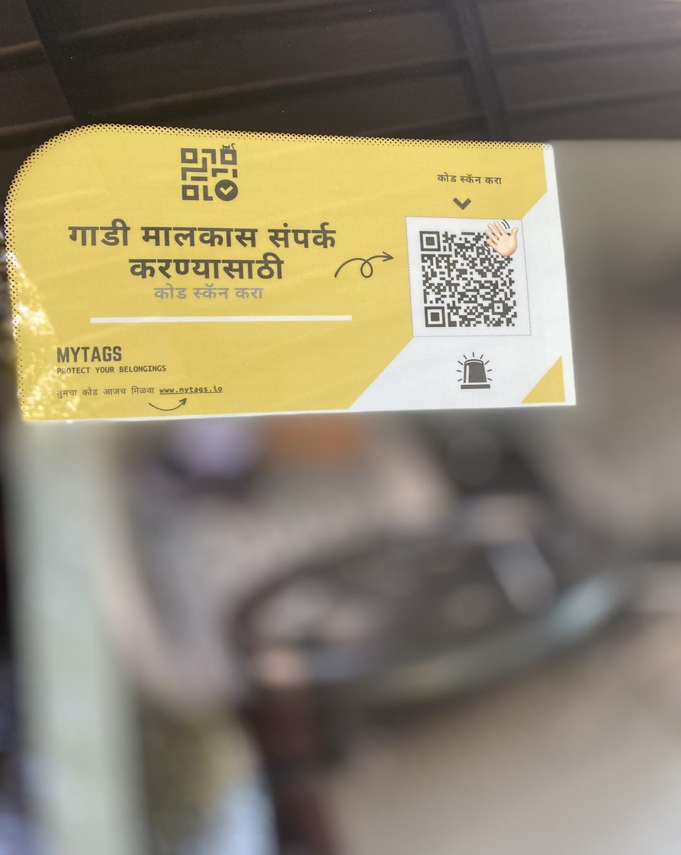A MyTags windshield sticker printed in Marathi