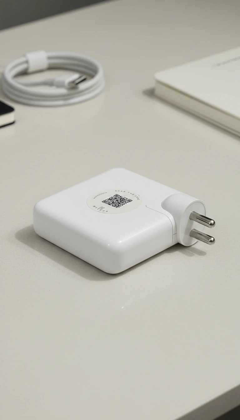 A MyTags QR sticker on a charger